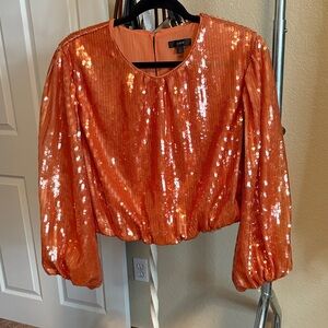 J. Crew bubble sleeve bubble crop waist orange sequin party top NWOT